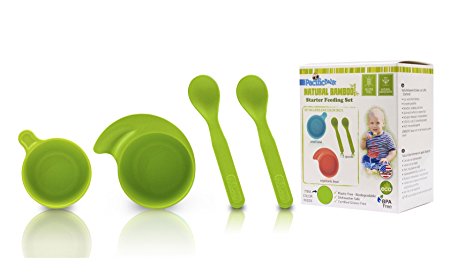 Pacific Baby All Natural Bamboo Baby Toddler Infant Starter Feeding Set, Plastic-Free Spoons Bowls, Green, 4 Piece