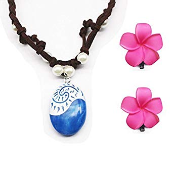 Moana Necklace,Kid's Disney Costume Accessories with Hair Clips,Pearl and Blue Pendants Necklaces,Gifts for Girls and Kids