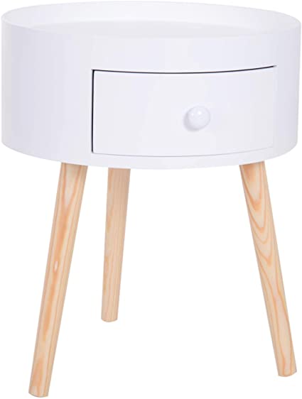 HOMCOM Modern Round Coffee Table Wooden Side Table Living Room Storage Unit w/Drawer Wood Leg - White