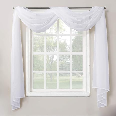 Decotex 1 Piece Sheer Voile Home Decor Fully Hemmed Scarf Valance Swag Topper (37" X 216", White)