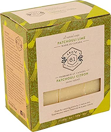 Crate 61 Patchouli Lime Soap 3 pack, 100% Vegan Cold Process, scented with premium essential oils, for men and women, face and body. ISO 9001 certified manufacturer