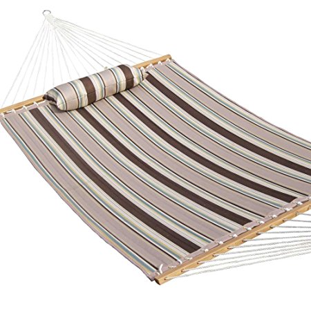 Prime Garden Quilted Double Fabric Hammock, Hardwood Spreader Bars with Pillow,Outdoor Polyester