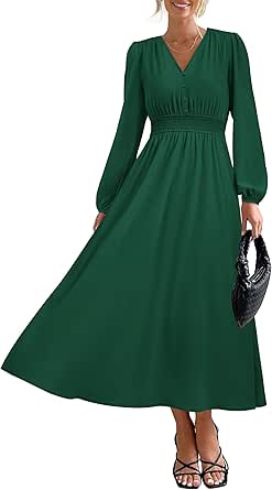 PRTTYGARDEN Womens Long Sleeve Maxi Dress 2024 Fall Trendy Elegant V Neck High Waist Flowy Wedding Guest Formal Long Dresses