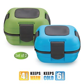 Durable Insulated Lunch Box ~ Pinnacle Thermal Leakproof Lunch Containers for Adults and Kids ~ Set of 2 ~ 16 Oz. ~ Blue and Green ~ EAT BETTER. BE HEALTHY.