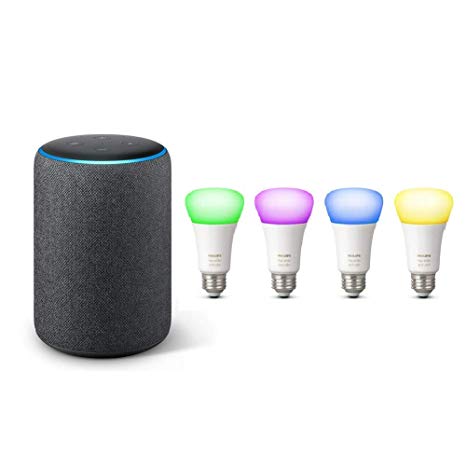 Echo Plus (2nd Gen) - Premium sound with built-in smart home hub - Charcoal   4 Philips Hue Single Color Smart Bulbs