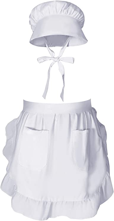 SATINIOR Easter Women Pilgrim Costume Bonnet Apron Set Retro White Waist Apron with Pockets for Christmas Party Favors