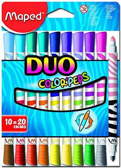 Maped Duo Color Peps Washable Felt Tip Markers 10-Piece Set, Assorted Colors (847010)