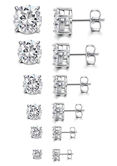 LOYALLOOK 6 Pairs Stainless Steel Earrings Packs Studs Zirconia for Men Women 3-8mm Nickel Free