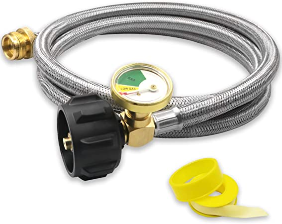 Foinwer 6 FT Propane Hose Adapter 1lb to 20lb with Guage,Stainless Braided Propane Hose Adapter 1lb Portable Appliance to 20lb or 5-40lb QCC1/Type1 Tank, for Portable Heater,Camping Stove, Gas Grill