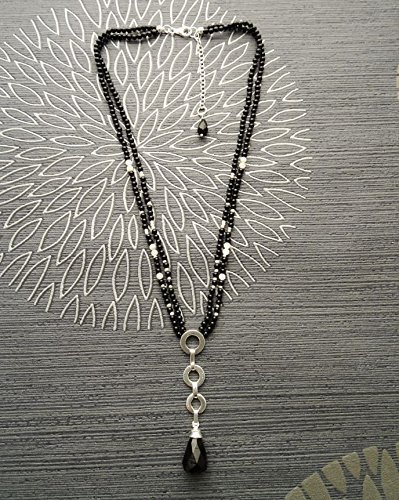 Boho Lariat Necklace - Black Onyx Necklace - Onyx Teardrop - Multi Strands Necklace - Sterling Silver Pendant - Choker - Modern Necklace