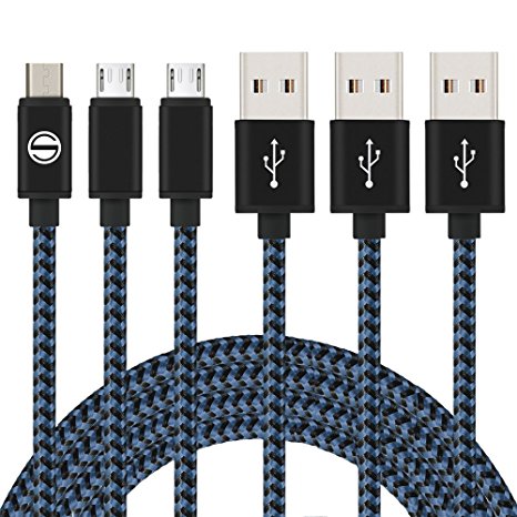 SGIN Micro USB Cable,3-Pack 10ft Nylon Braided Charging Cord - Extra Long USB 2.0 Sync and Charge for Android Devices, Samsung Galaxy, Sony, Motorola Nokia,and More(Blue Black)