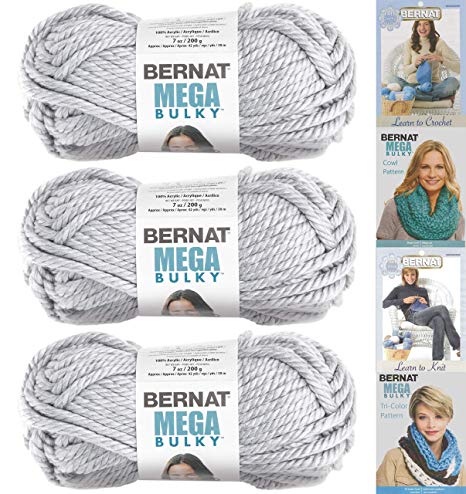 Bernat Mega Bulky Yarn 7.0 Ounce, 3 Pack Bundle, Jumbo #7 Acrylic (Light Grey Heather)