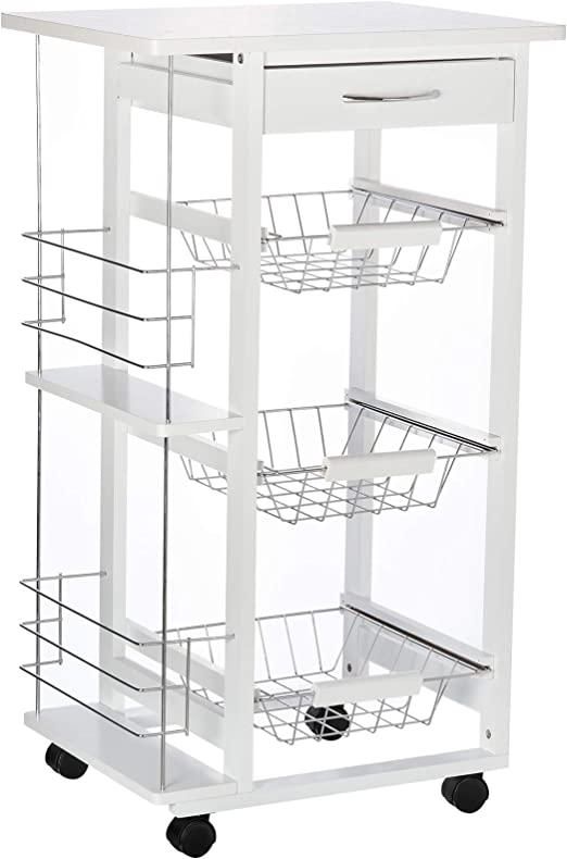 HOMCOM Chariot de Service desserte de Cuisine à roulettes Multi-rangements 3 paniers métal tiroir   2 Range-Bouteilles Bois pin Blanc