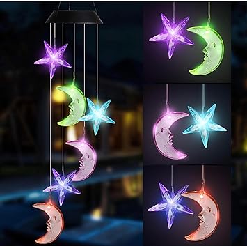 TAIGA Star & Moon Solar Power Wind Chimes for Balcony & Outdoor Home Decoration | Color Changing Hanging LED Lights | Gift Item | Positive Energy Creator in Garden