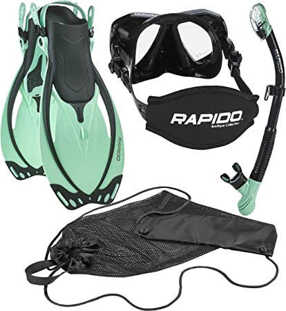 Phantom Aquatics Rapido Boutique Collection Marine Adjustable Snorkeling Fin Tempered Glass Mask Snorkel Set with Carry Net Bag