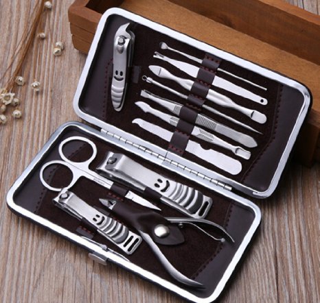 God's Hand One Set 12pcs Multifunction Stainless Steel Personal Manicure and Pedicure Set Travel Grooming Kit with Box