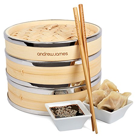 Andrew James Bamboo Food Steamer Set - 2 Tier Basket - Perfect for Cooking Dim Sum Rice and Vegetables - Includes Chopsticks & Dumpling Steaming Papers (8 Inch)