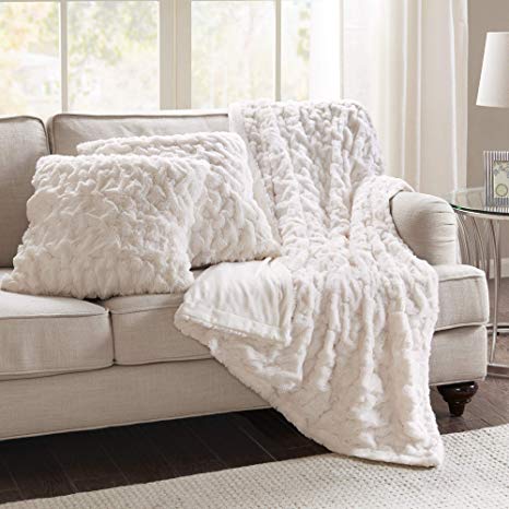 Comfort Spaces Faux Fur Throw Blanket Set – Fluffy Plush Blankets for Couch and Bed – Ivory Size 50" x 60" with 2 Square Pillow Covers 20" x 20"