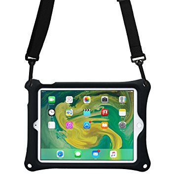 Apple iPad Mini 1 2 3 4 case, COOPER BOUNCE STRAP Shoulder Strap Heavy Duty Work Rugged Tough Protective Drop Shock Proof Rubber Bumper Silicon Carry Kids Toy Holder Cover Bag with Stand (Black)