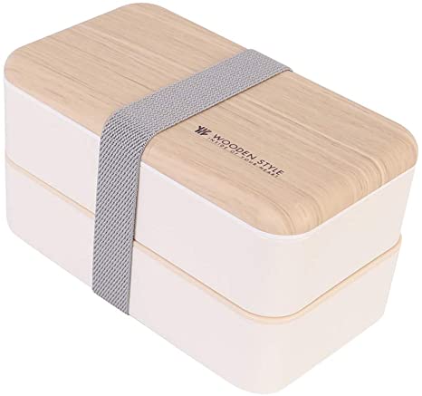 Lunch Bento Box Food Storage 2 Square Containers for Adults School Work BPA Free Leak Proof with Chopsticks and Spoon Wood Grain Style (White, BPA-Free)