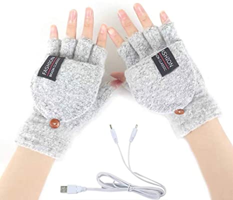 Women's & Men's USB Heated Gloves Knitting Hands Full & Half Heated Fingerless Heating Warmer with Button Washable Design, Mitten Winter Hands Warm Laptop Gloves (Gray)