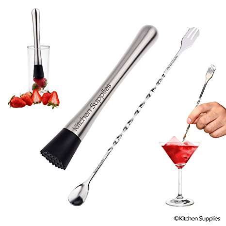 Cocktail Muddler & Mixing Spoon 10" - Cocktail Party Utensils by Kitchen Supplies - Crush Fresh Fruit, Spices or Ice - Mix and Blend Own Drinks Like a Pro - Perfect Set For Cocktails (Retail Pack)