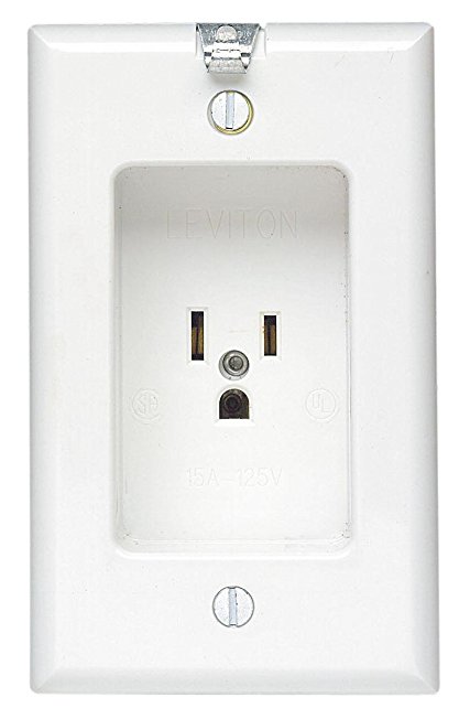 Leviton 688-W 15 Amp, 125 Volt, 1 Gang Recessed Single Receptacle, Residential Grade, with Clock Hanger Hook, White