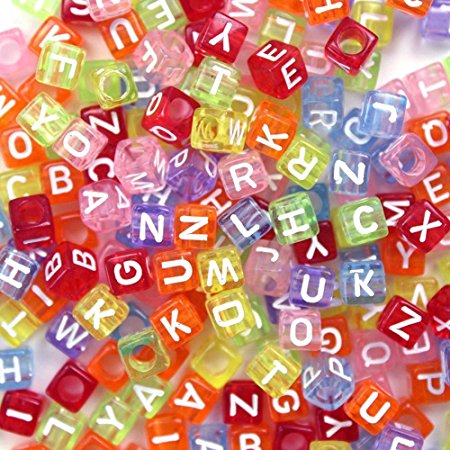 Goodlucky365 500pcs Beads Letter Beads Mixed Assorted Translucent Color Acrylic Plastic Beads Alphabet Beads for Jewellery Making "A-z" Cube Beads Size 6x6mm or 1/4" for Bracelets, Necklaces, Key Chains and Kid Jewellery