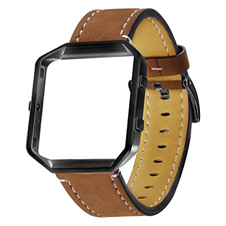 Heeta Fitbit Blaze Bands Leather, Replacement Genuine Leather Band with Stainless Steel Frame Small & Large (5.5"- 8.5") for Fitbit Blaze Smart Fitness Women Men, Brown