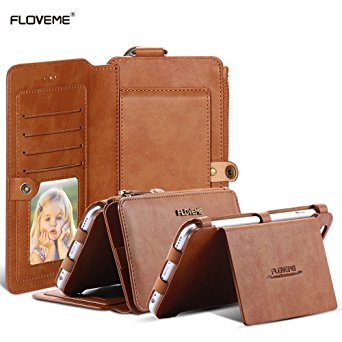 For iPhone 6 6s Case, FLOVEME Vintage 2 in 1 Zipper Magnetic Wallet Leather 18 Card Slots Handbag Full Protection Flip Pouch Kickstand Cover Holder for Apple iPhone 6 6s 4.7 inch - Brown