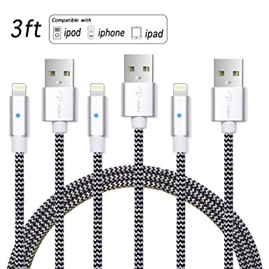 IPhone charger, I-Bollon 3 PACK 3ft Nylon Braided 8 pin lighting to USB Cable with lighting breathing LED indictor for iPhone 5 / 5C / 5S /6S/ 6S PLUS/7/7 PLUS, iPad Air, and more(Silver)