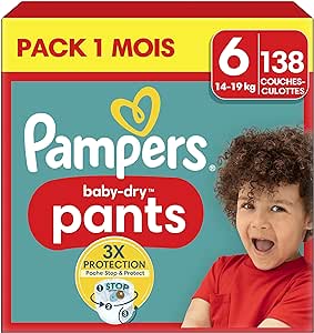 Pampers Baby-Dry Pants, Taille 6, 138 Couches-Culottes, 14-19kg, Maintien 360° Contre Les Fuites Avec Une Poche Stop & Protect Pour Une Nuit Jusqu'à 100% Sans Fuites, Pack 1 Mois