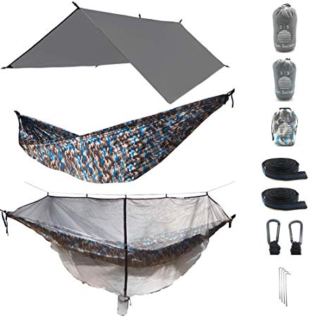The Ultimate 3 in 1 Camo Camping Hammock RainFly Bundle with Fully Detachable Mosquito Net by Sun Society