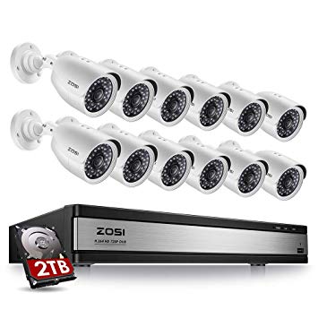 ZOSI 720p Security Camera System 16 Channel with Hard Drive 2TB, 16 Channel Hybrid DVR Recorder and 12 x 720p Surveillance Bullet Camera Outdoor Indoor with Day Night Vision