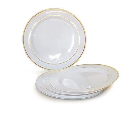 "OCCASIONS" 120 PACK, Heavyweight Disposable Wedding Party Plastic Plates (10.5'' Dinner Plate, White / Gold Rim)