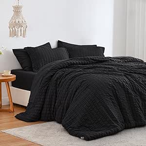 Love's cabin Seersucker Black King Size Comforter Set 7 Pieces, All Season Lightweight Bedding Set, King Bed in a Bag Comforter Set with Comforter, Flat Sheet, Fitted Sheet, Pillowcase and Pillow Sham