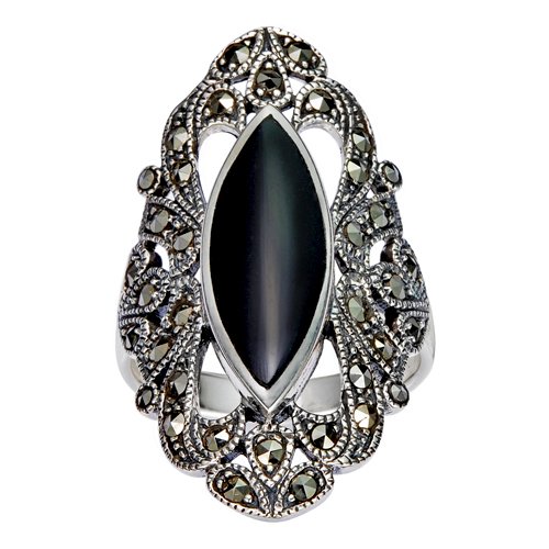 925 Sterling Silver Filigree with Marcasite and Black Onyx Gemstones Ring