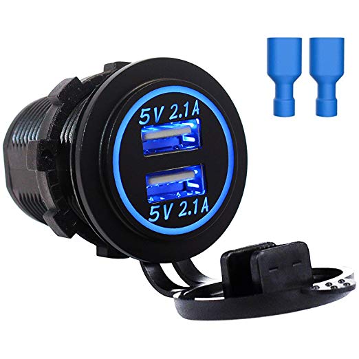 Sunjoyco Dual USB Car Charger Socket Waterproof Power Outlet 2.1A & 2.1A (4.2A) Fast Charge with Blue LED Light for iPhone, Galaxy, iPad, GPS for Car Boat Motorcycle Marine RV Truck Mobile - Blue