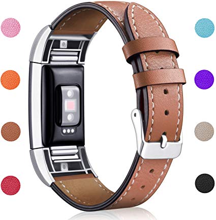 Hotodeal Band Compatible for Fitbit Charge 2 Replacement Bands, Classic Genuine Leather Wristband Metal Connectors, Fitness Strap Women Men Small Large