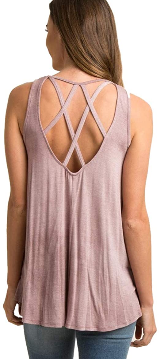aihihe Women's Summer Casual Loose Plus Size Basic Tank Tops Criss Cross Back Hollow Out Camisole Shirt Blouse