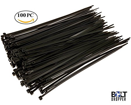 8" Inch Black Zip Cable Ties (100 Pack), 40lb Strength Nylon Wire Ties, By Bolt Dropper.