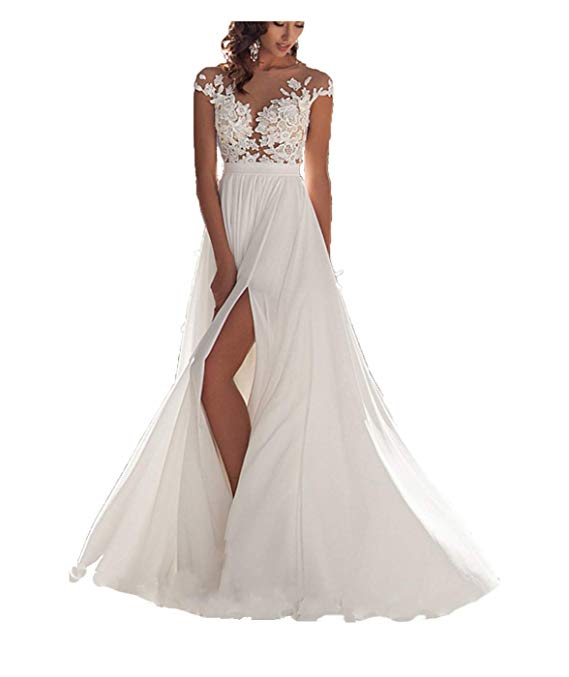 Ieuan Women's Sexy Chiffon Beach Wedding Dress Long Tail Gown Bride Dresses