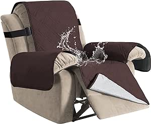 H.VERSAILTEX 100% Waterproof Quilted Recliner Chair Cover Recliner Cover Recliner Slipcver for Living Room, Secure with Elastic Strap and Non Slip Puppy Paw Silicone Backing (Standard, Brown), 22 inch