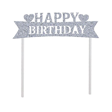 Elehere Hollow Glitter Happy Birthday Cake Topper Letters Shining Cake Decor Tool Decoration Ideas Smash Candle Alternative Great for Any Age's Birthday Party (Silver)