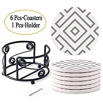 Absorbent Stone Coasters with Metal Holder-set of 6-4" x 4" -1/4" Thick，Absorbent，Heat-Resistant - Round Edges Best for Drinks in Office Home or Cottage