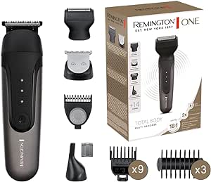 Remington ONE Tondeuse électrique [Multifonction 18-en-1] Visage & corps (4 têtes interchangeables: cheveux, barbe, nez/oreilles/sourcils, 14 sabots 1,5-25mm, étanche, lithium, charge rapide USB)PG780