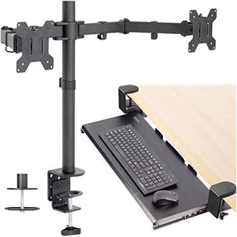 VIVO Dual 13 to 27 inch LCD Monitor Mount and Under Desk C-clamp 27 x 11 Keyboard Tray Kit | Heavy Duty, Fully Adjustable Stand and Slide-Out Platform (Bundle)