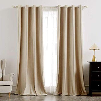 Cornhusk Beige Velvet 100% Blackout Curtains 96 Inch Long for Living Room, Grommet Top Thermal Insulated Bedroom Curtain,1 Panel 52" W x 96" L, Window Treatment Draperies