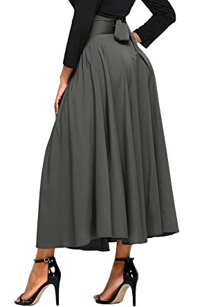 Asvivid Women's High Waist Pleated A Line Long Skirt Front Slit Belted Maxi Skirt S-XXL