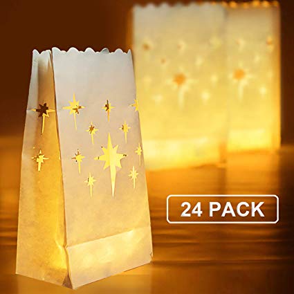 Homemory 24 PCS White Luminary Bags, Flame Resistant Candle Bags, Stars Design Light Holder for Wedding, Halloween, Birthday, Party